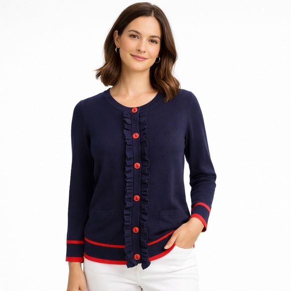 Talbots Sweaters - Talbots Nautical Anchor Cardigan Navy Ruffle Cotton Cashmere Sweater M Preppy